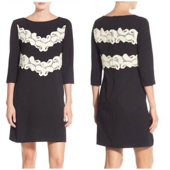 Maggy London Sz 2 Black Crepe Ivory Crochet Lace Applique Shift Dress xs - Picture 1 of 8